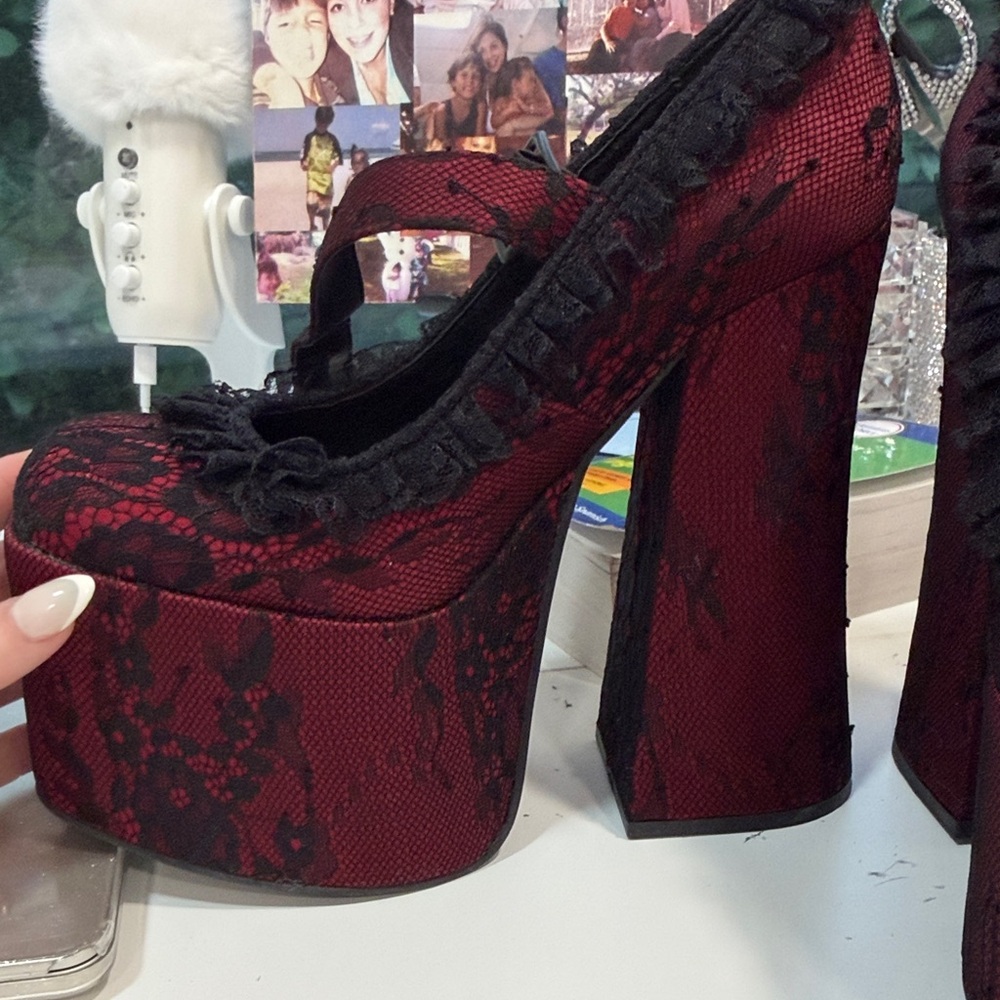 Dolls Kill Red and Black Lace Platform Heels - Picture 5 of 5
